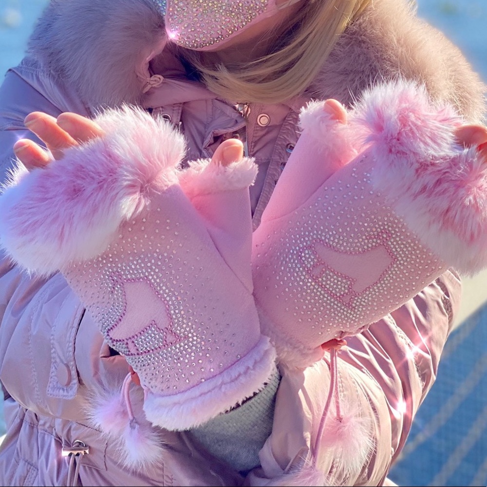 Light Pink Fur Cuff Gloves with Rhinestones